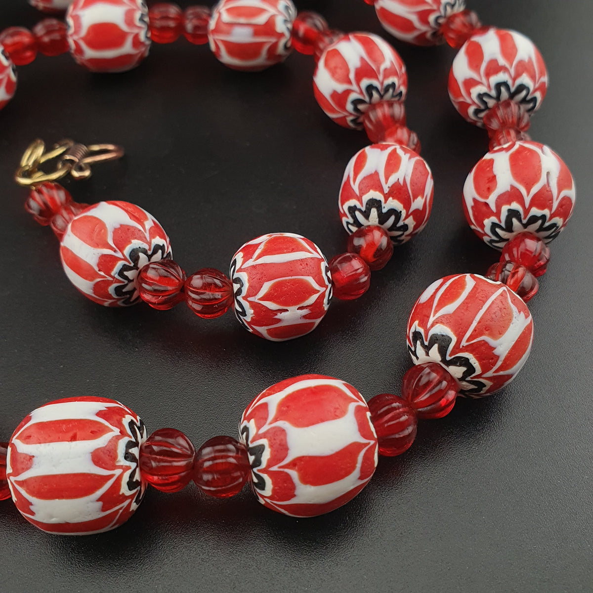 Vintage Venetian Style Chevrons & Melon Shape African Glass Beads Necklace