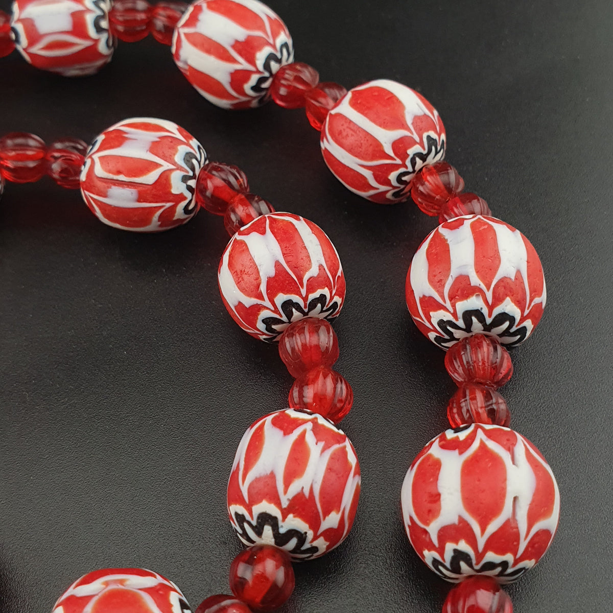 Vintage Venetian Style Chevrons & Melon Shape African Glass Beads Necklace