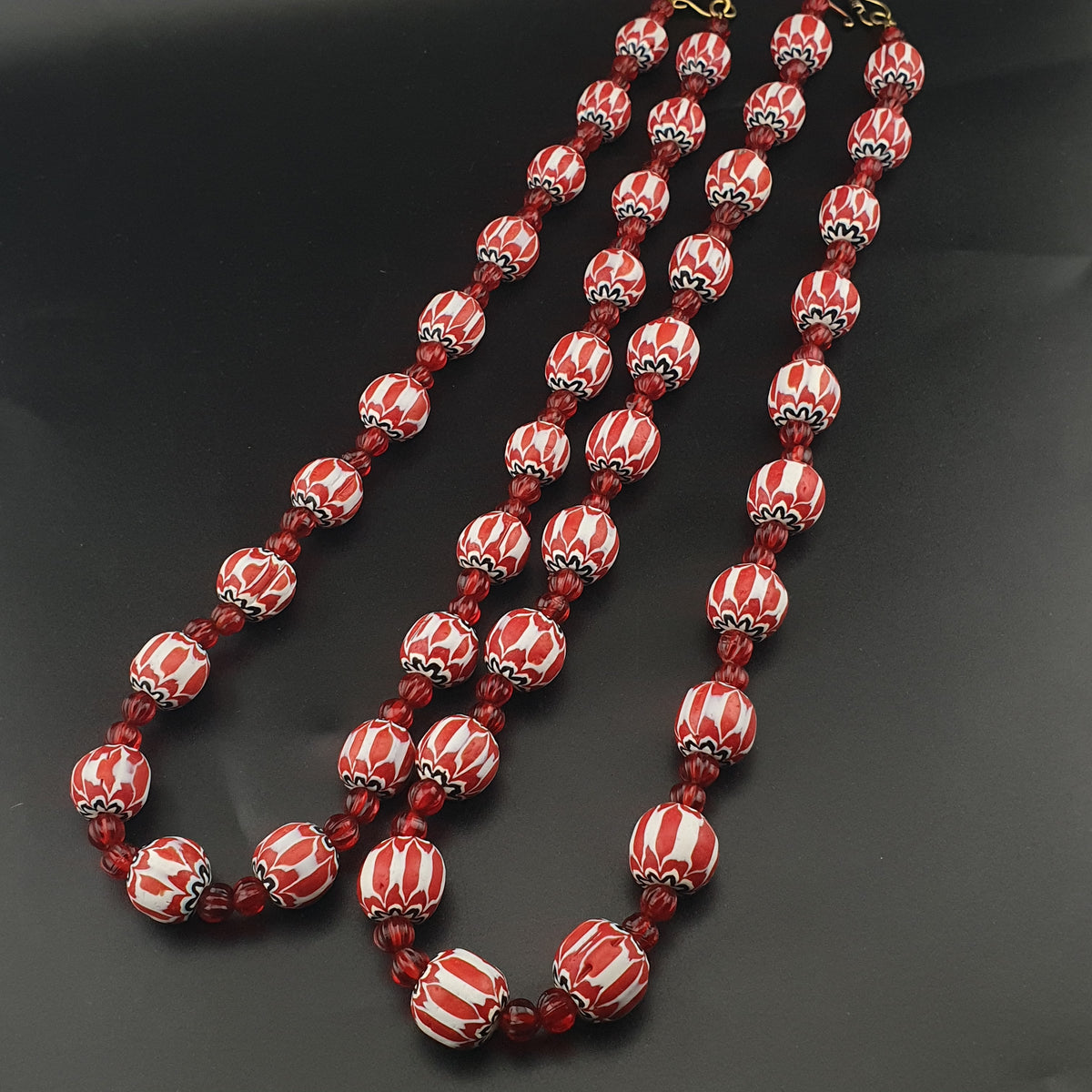 Vintage Venetian Style Chevrons & Melon Shape African Glass Beads Necklace