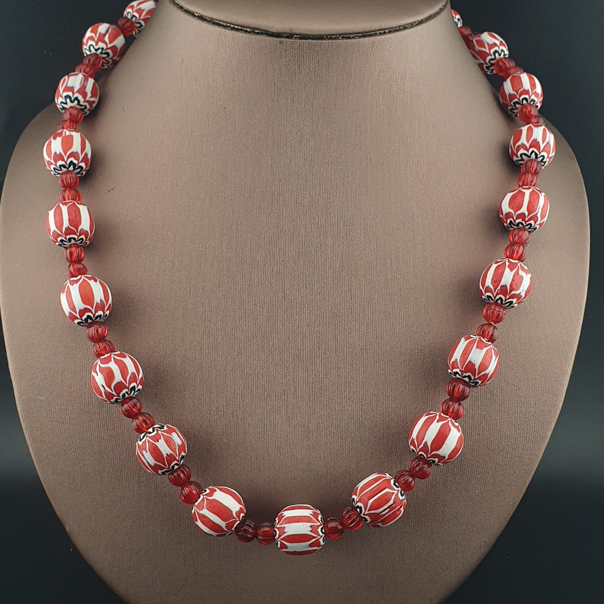 Vintage Venetian Style Chevrons & Melon Shape African Glass Beads Necklace