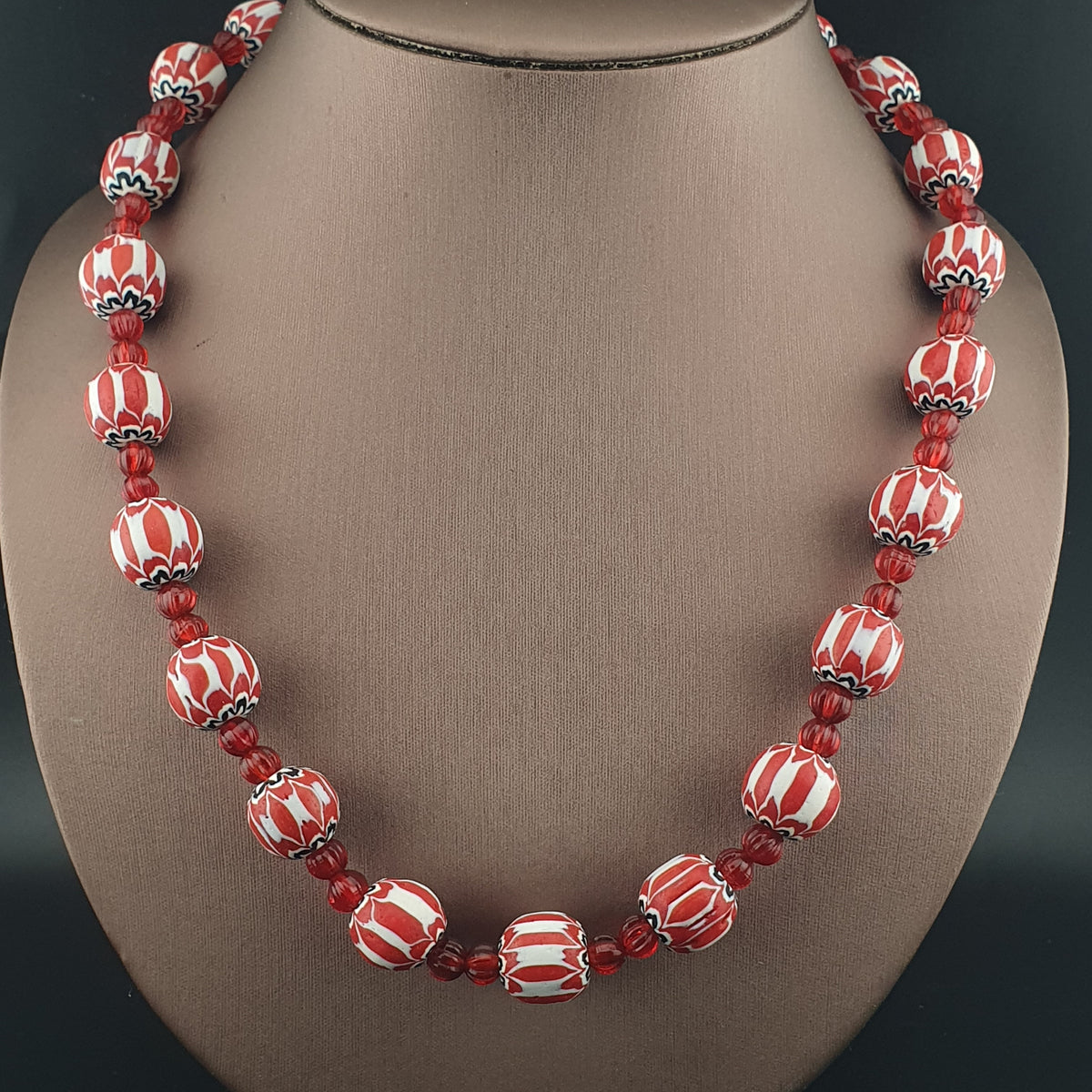 Vintage Venetian Style Chevrons & Melon Shape African Glass Beads Necklace
