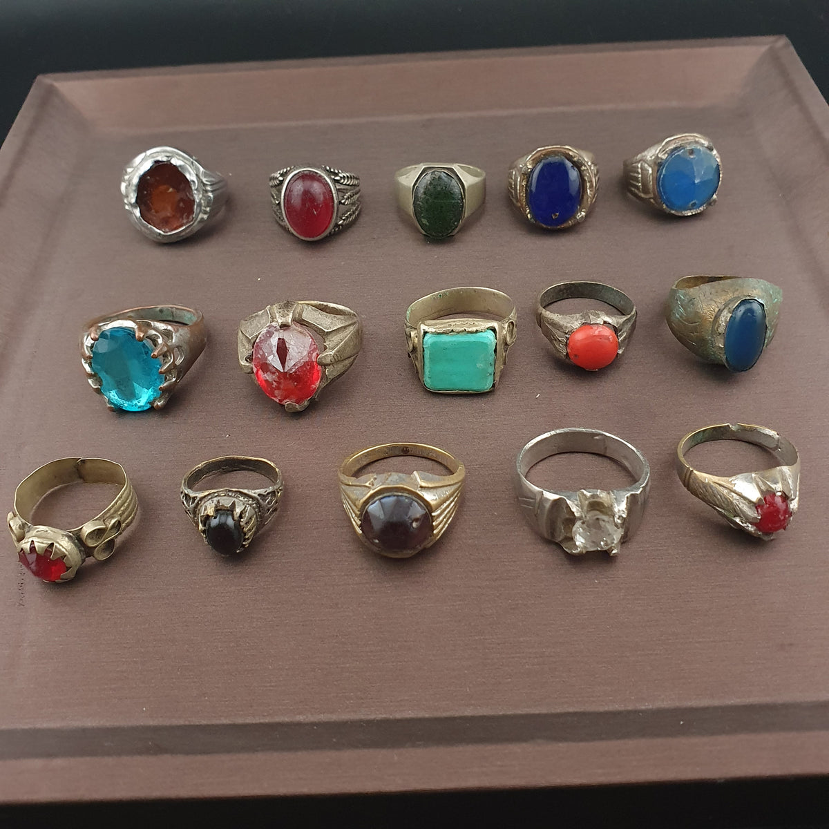 Antique Brass Ring Collection Lot of 15 Mixed Old Stone & Glass Rings