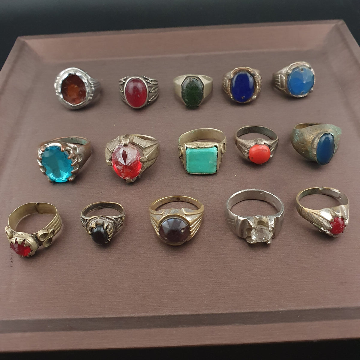 Antique Brass Ring Collection Lot of 15 Mixed Old Stone & Glass Rings