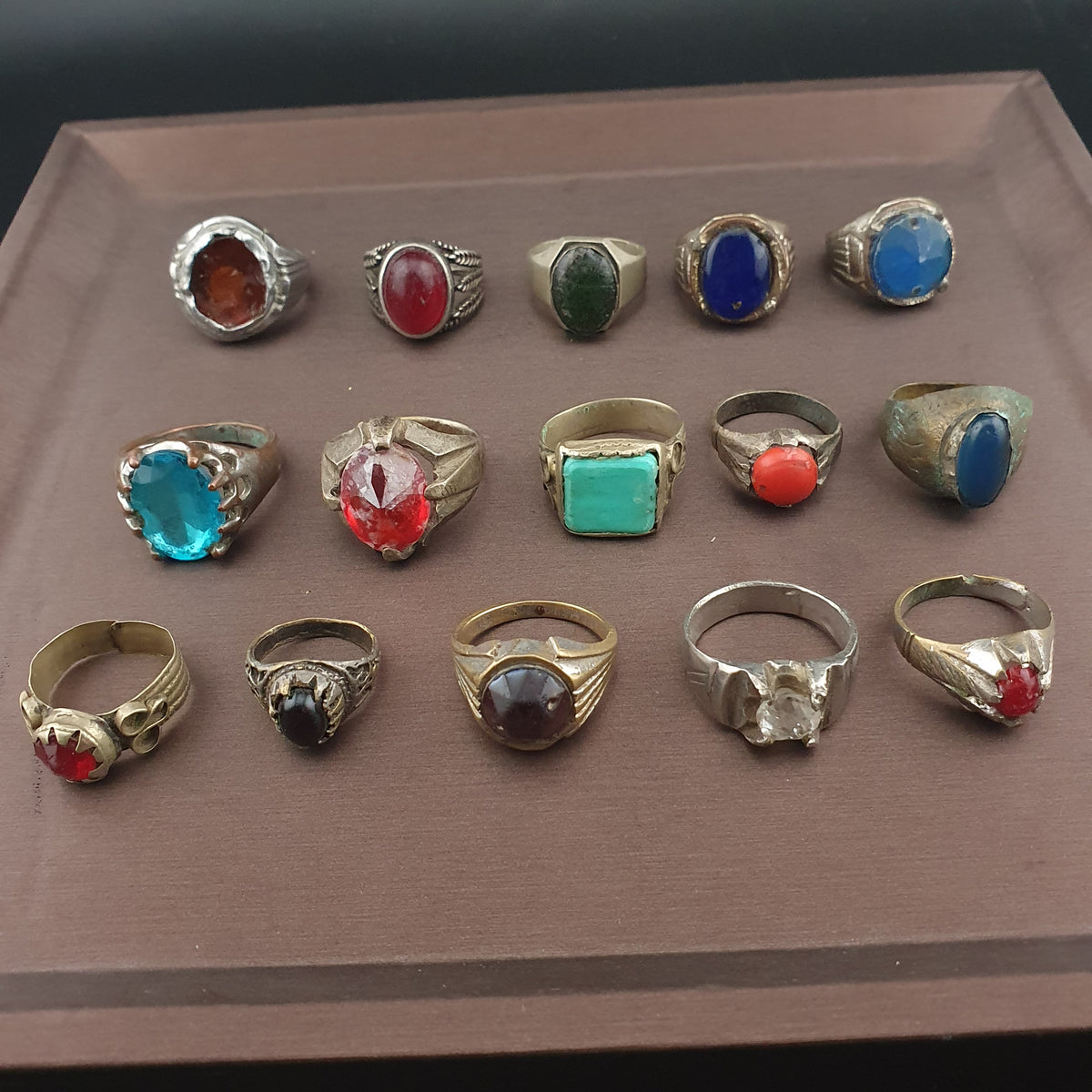Antique Brass Ring Collection Lot of 15 Mixed Old Stone & Glass Rings