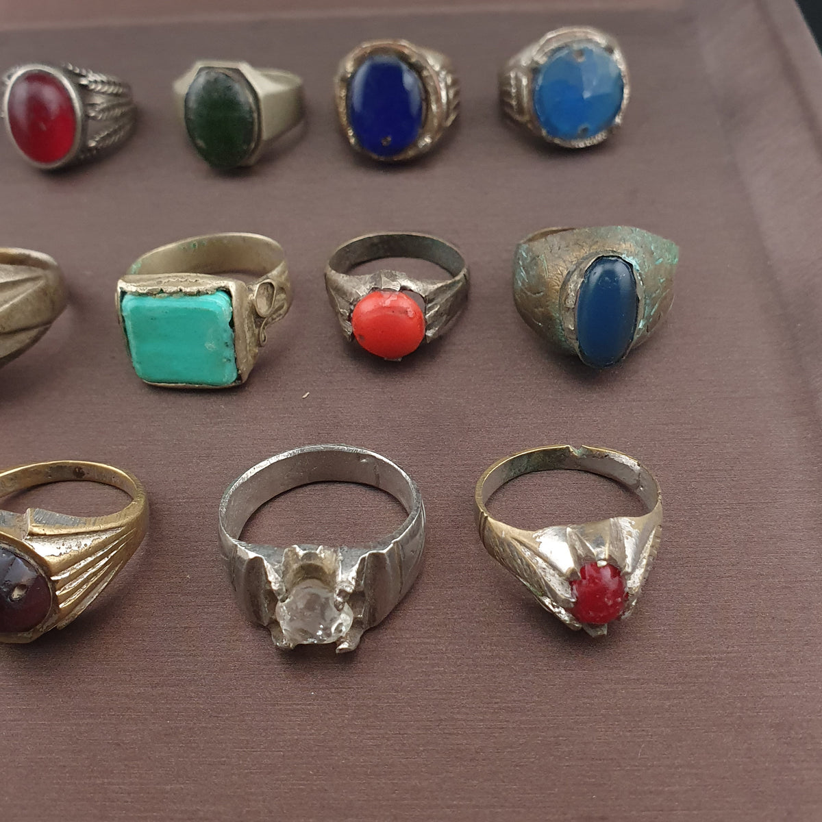 Antique Brass Ring Collection Lot of 15 Mixed Old Stone & Glass Rings