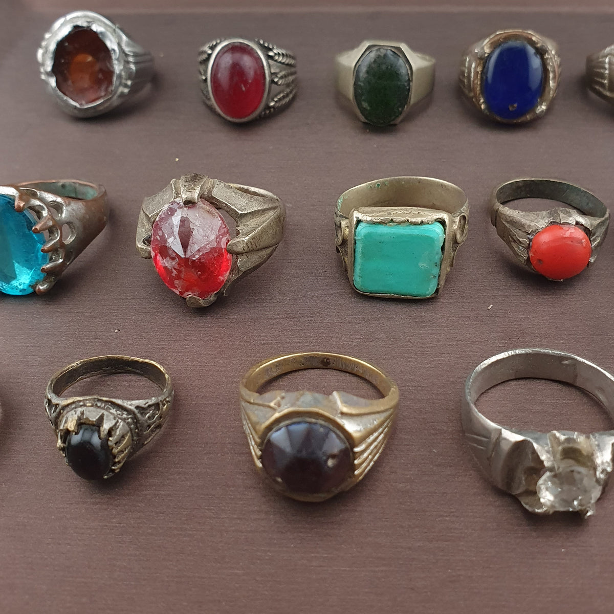 Antique Brass Ring Collection Lot of 15 Mixed Old Stone & Glass Rings