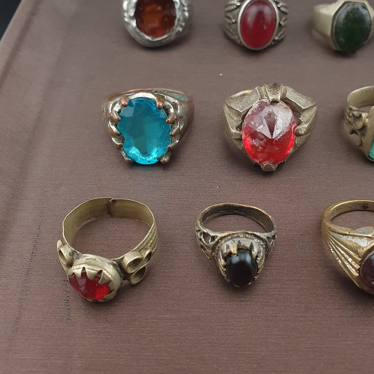 Antique Brass Ring Collection Lot of 15 Mixed Old Stone & Glass Rings