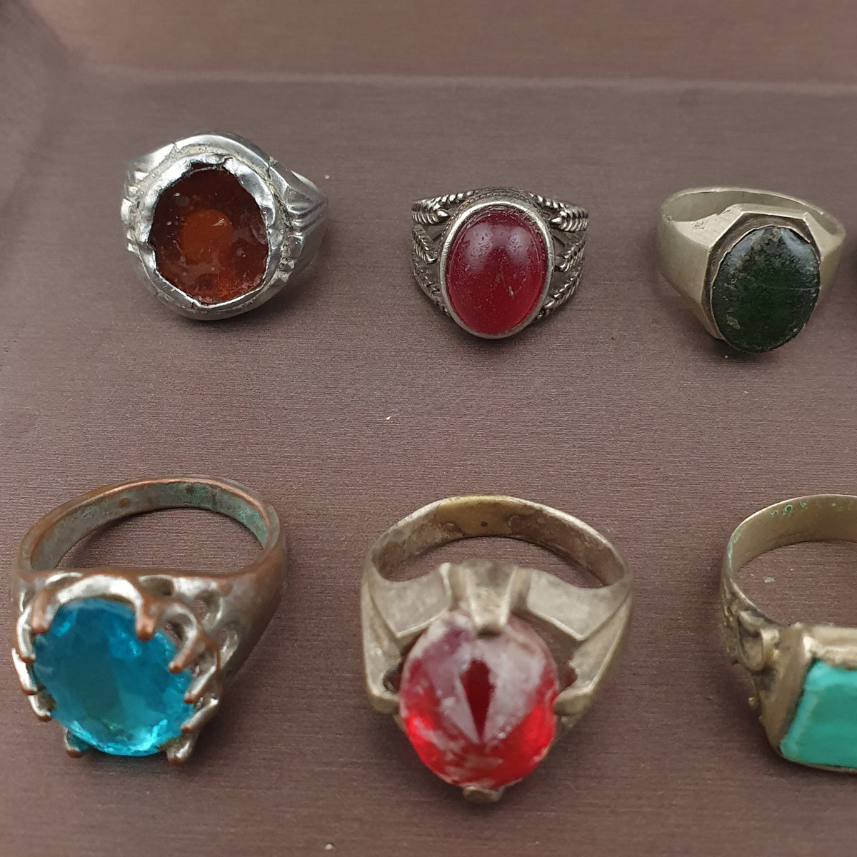 Antique Brass Ring Collection Lot of 15 Mixed Old Stone & Glass Rings