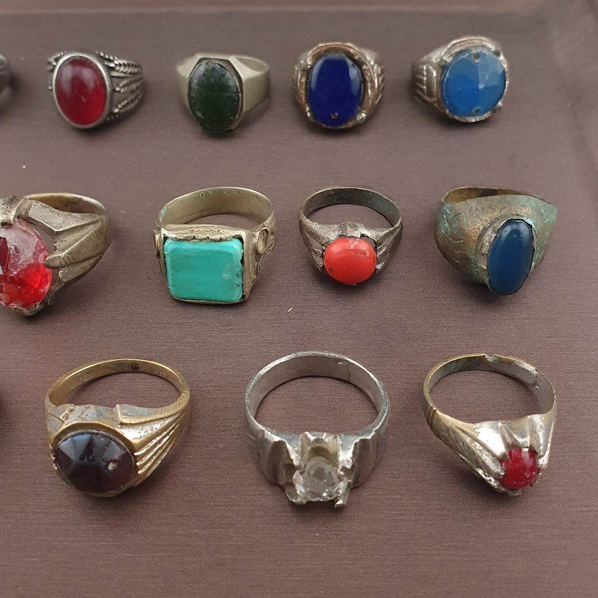 Antique Brass Ring Collection Lot of 15 Mixed Old Stone & Glass Rings