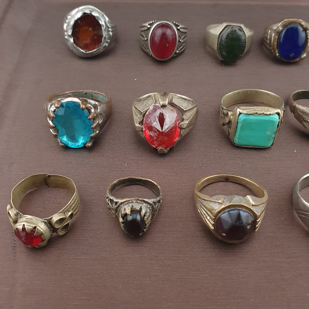 Antique Brass Ring Collection Lot of 15 Mixed Old Stone & Glass Rings