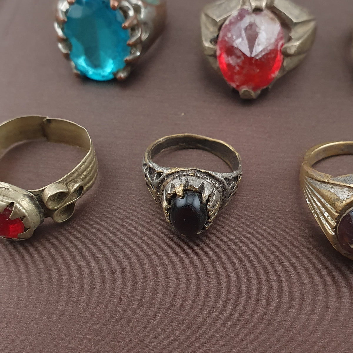 Antique Brass Ring Collection Lot of 15 Mixed Old Stone & Glass Rings
