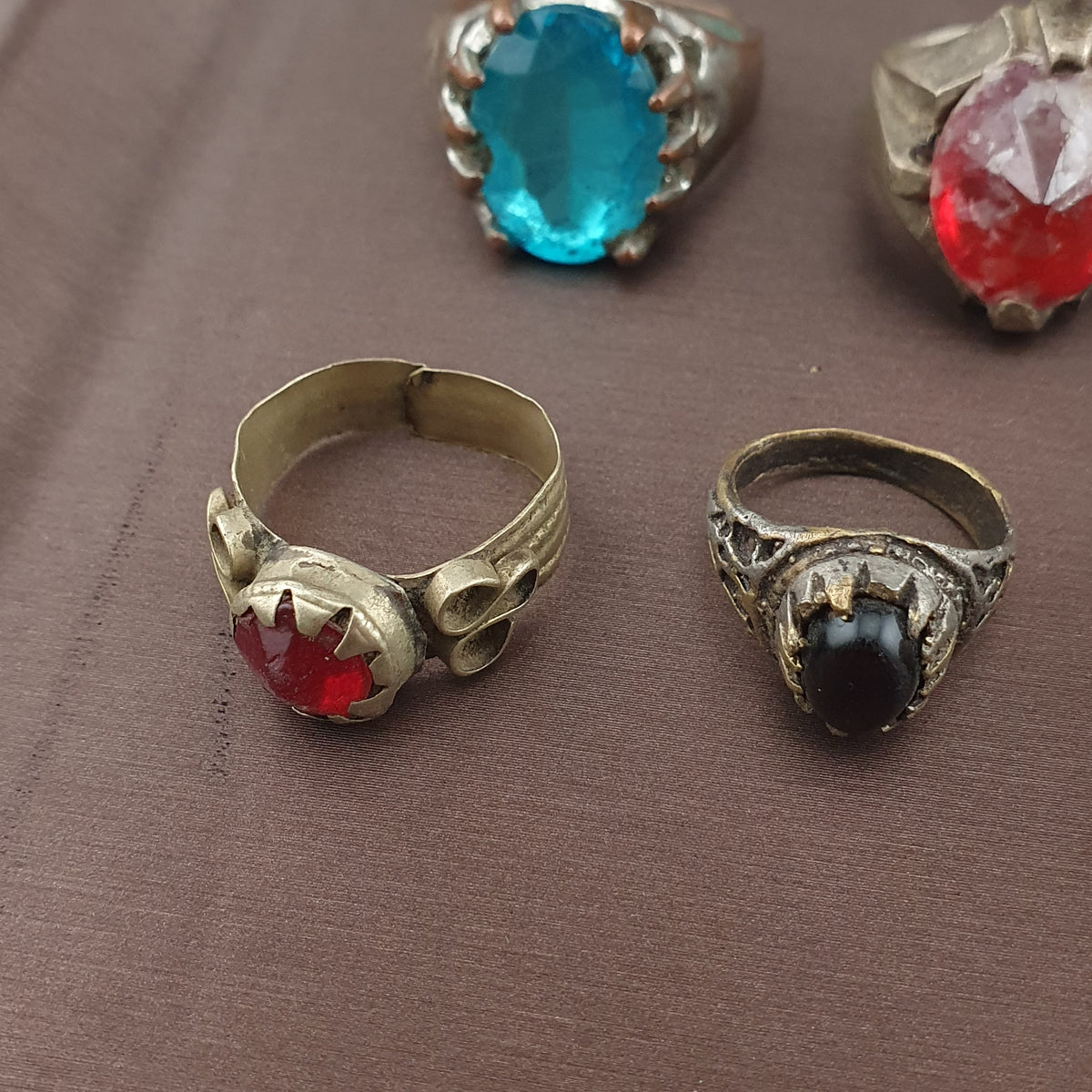 Antique Brass Ring Collection Lot of 15 Mixed Old Stone & Glass Rings