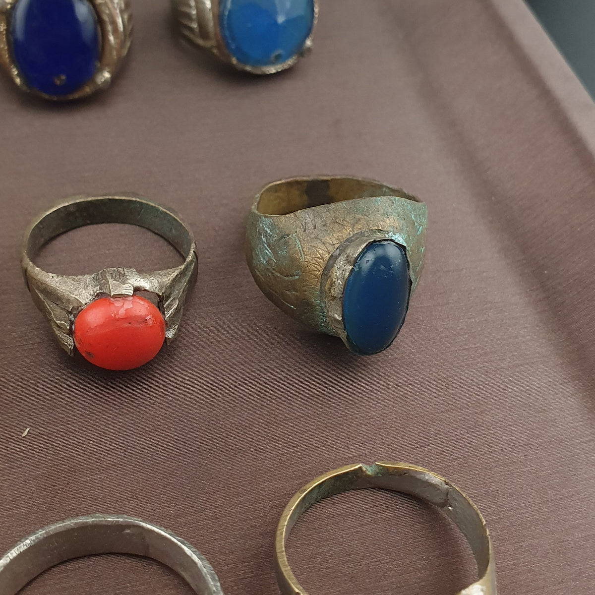 Antique Brass Ring Collection Lot of 15 Mixed Old Stone & Glass Rings