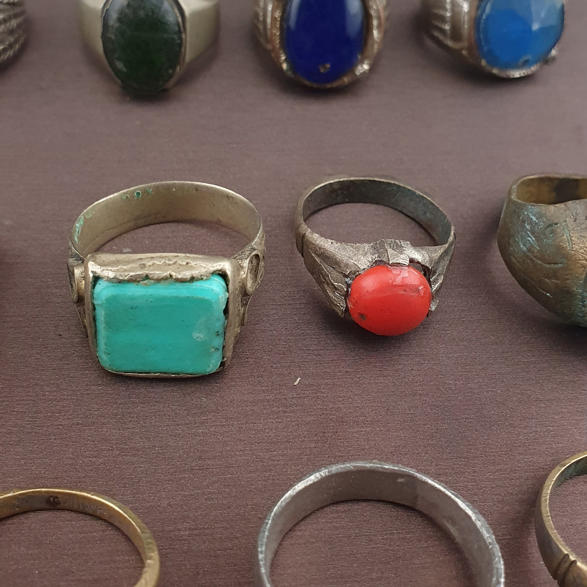 Antique Brass Ring Collection Lot of 15 Mixed Old Stone & Glass Rings
