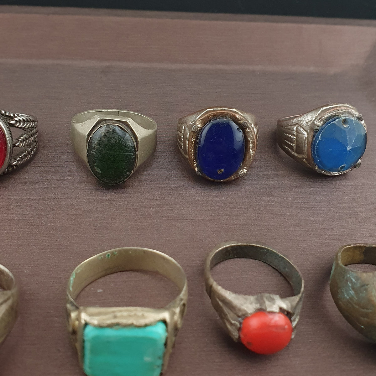 Antique Brass Ring Collection Lot of 15 Mixed Old Stone & Glass Rings