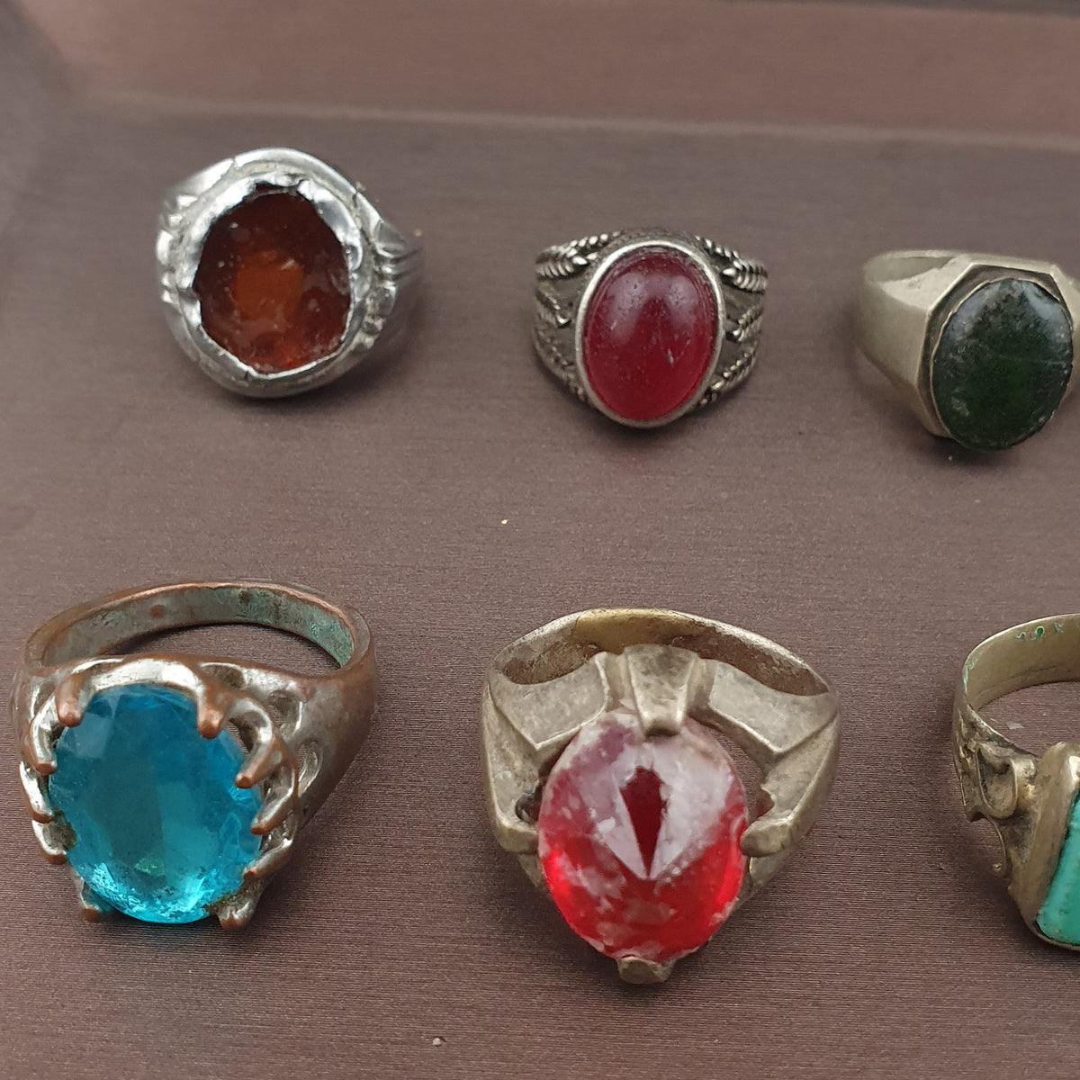 Antique Brass Ring Collection Lot of 15 Mixed Old Stone & Glass Rings