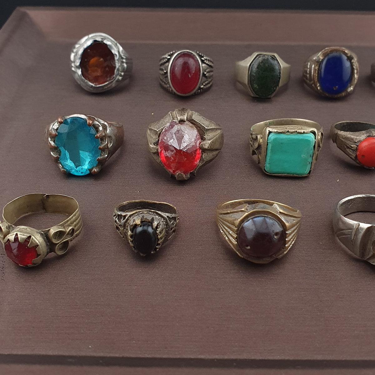 Antique Brass Ring Collection Lot of 15 Mixed Old Stone & Glass Rings