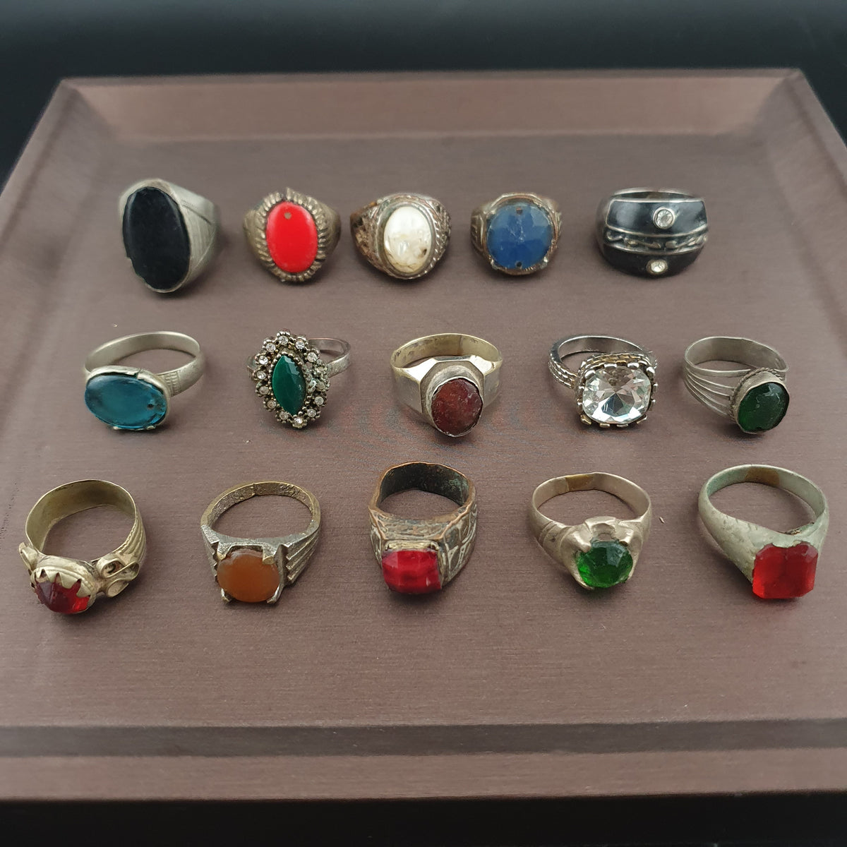 15 Antique Style Brass Rings Mixed Glass & Stone Ring Collection