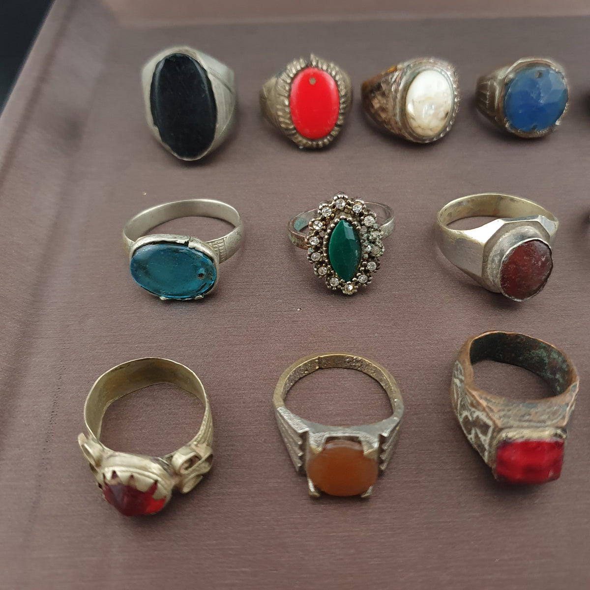 15 Antique Style Brass Rings Mixed Glass & Stone Ring Collection