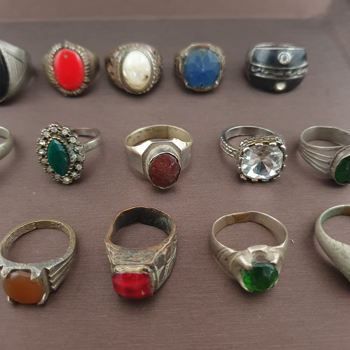 15 Antique Style Brass Rings Mixed Glass & Stone Ring Collection