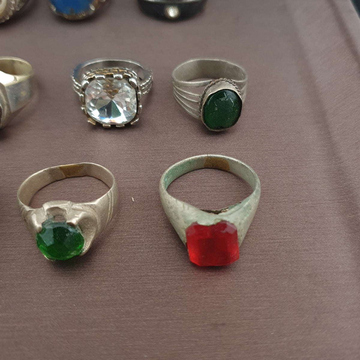 15 Antique Style Brass Rings Mixed Glass & Stone Ring Collection