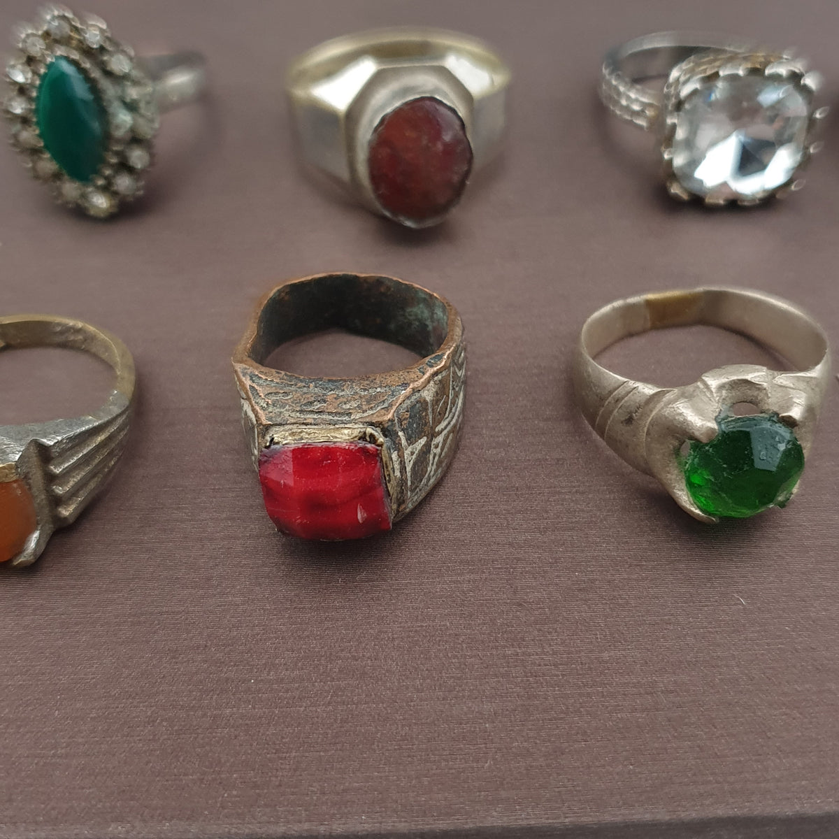 15 Antique Style Brass Rings Mixed Glass & Stone Ring Collection