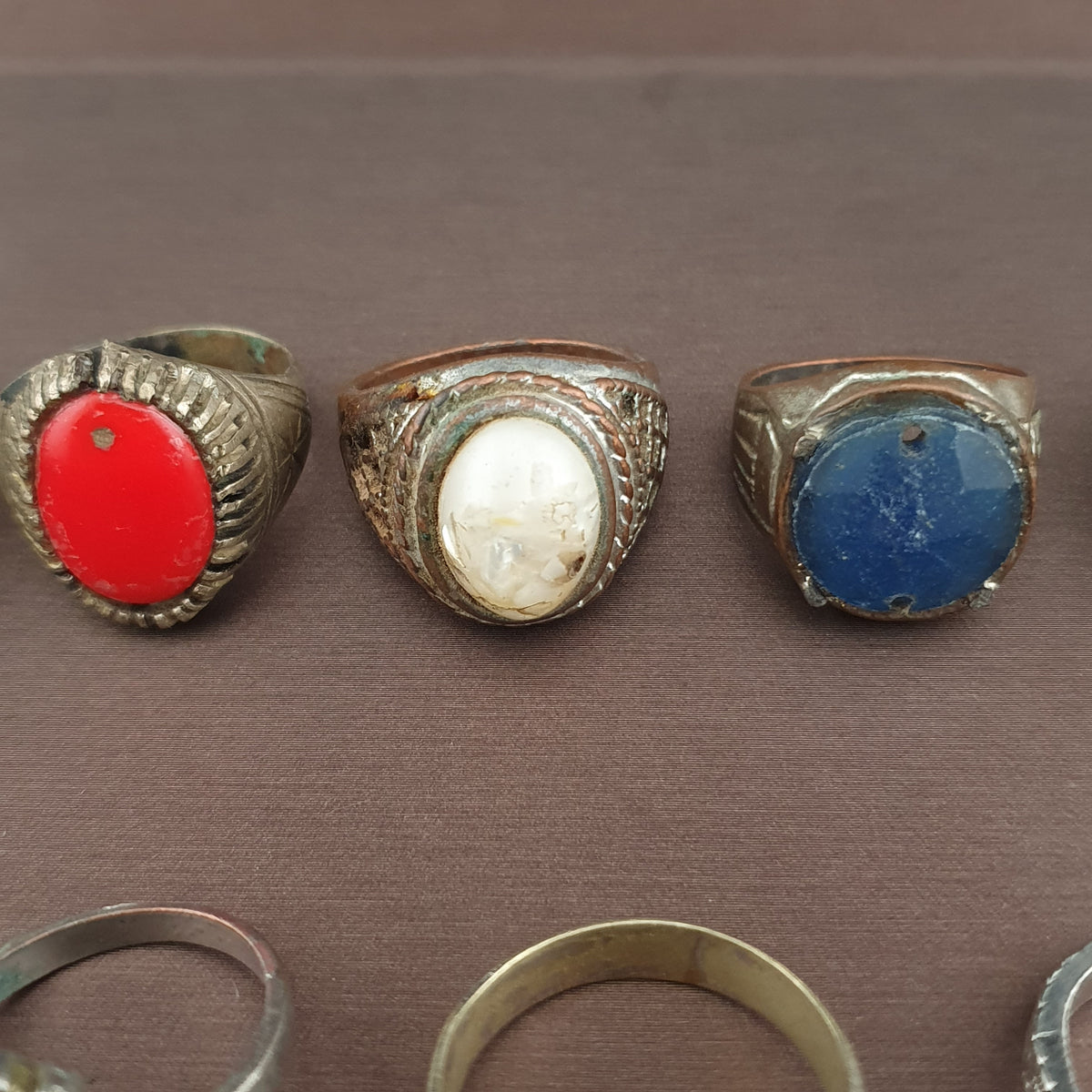 15 Antique Style Brass Rings Mixed Glass & Stone Ring Collection