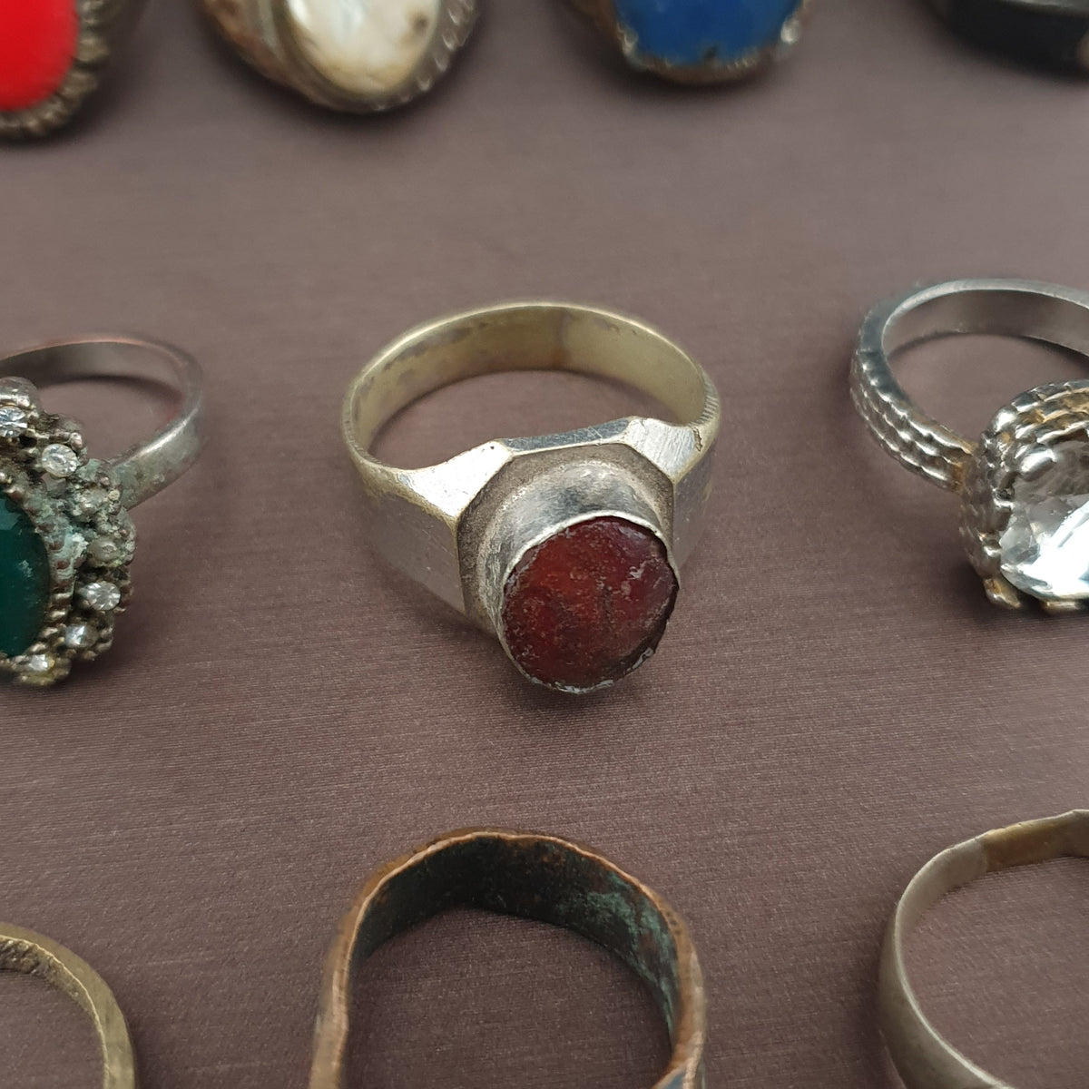 15 Antique Style Brass Rings Mixed Glass & Stone Ring Collection