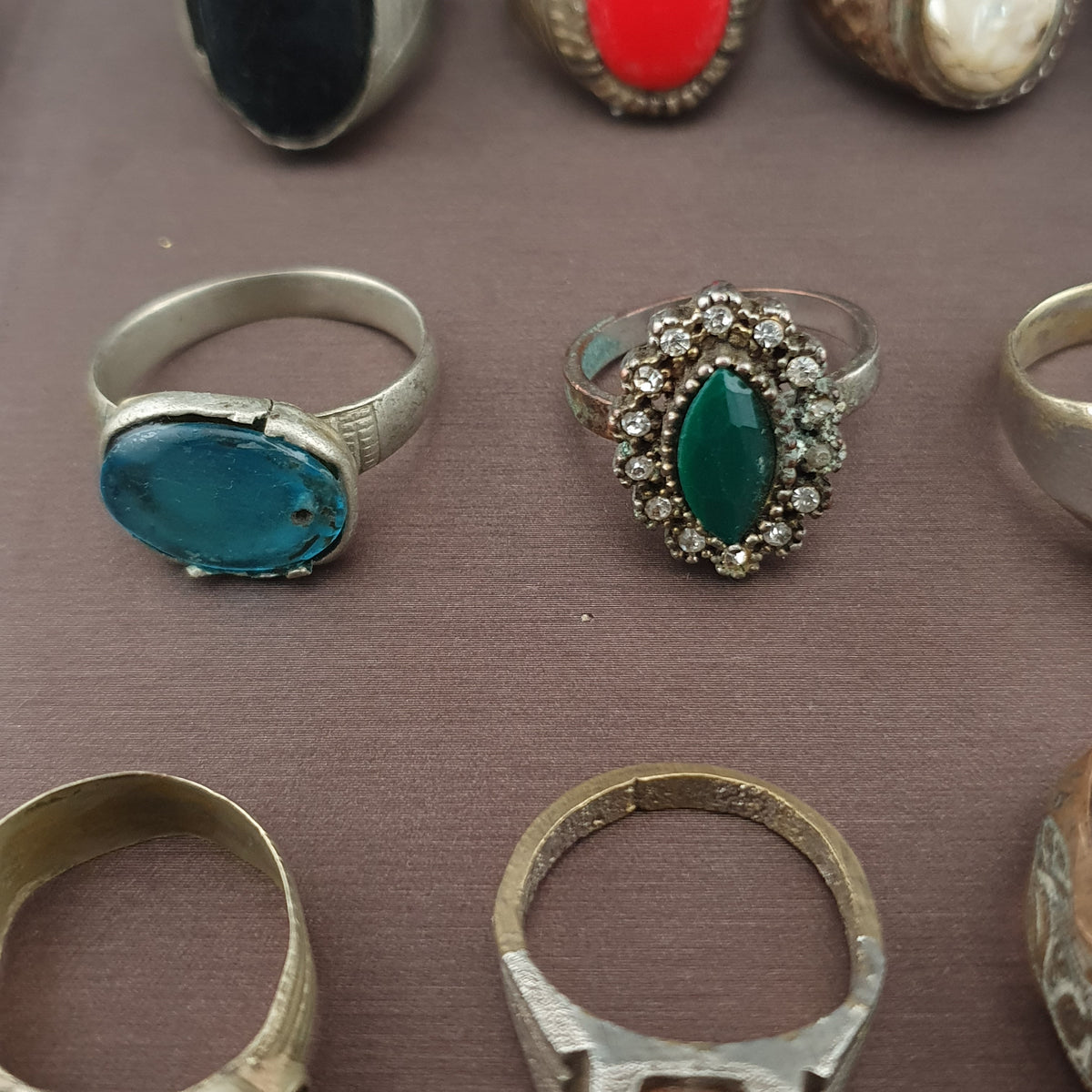 15 Antique Style Brass Rings Mixed Glass & Stone Ring Collection