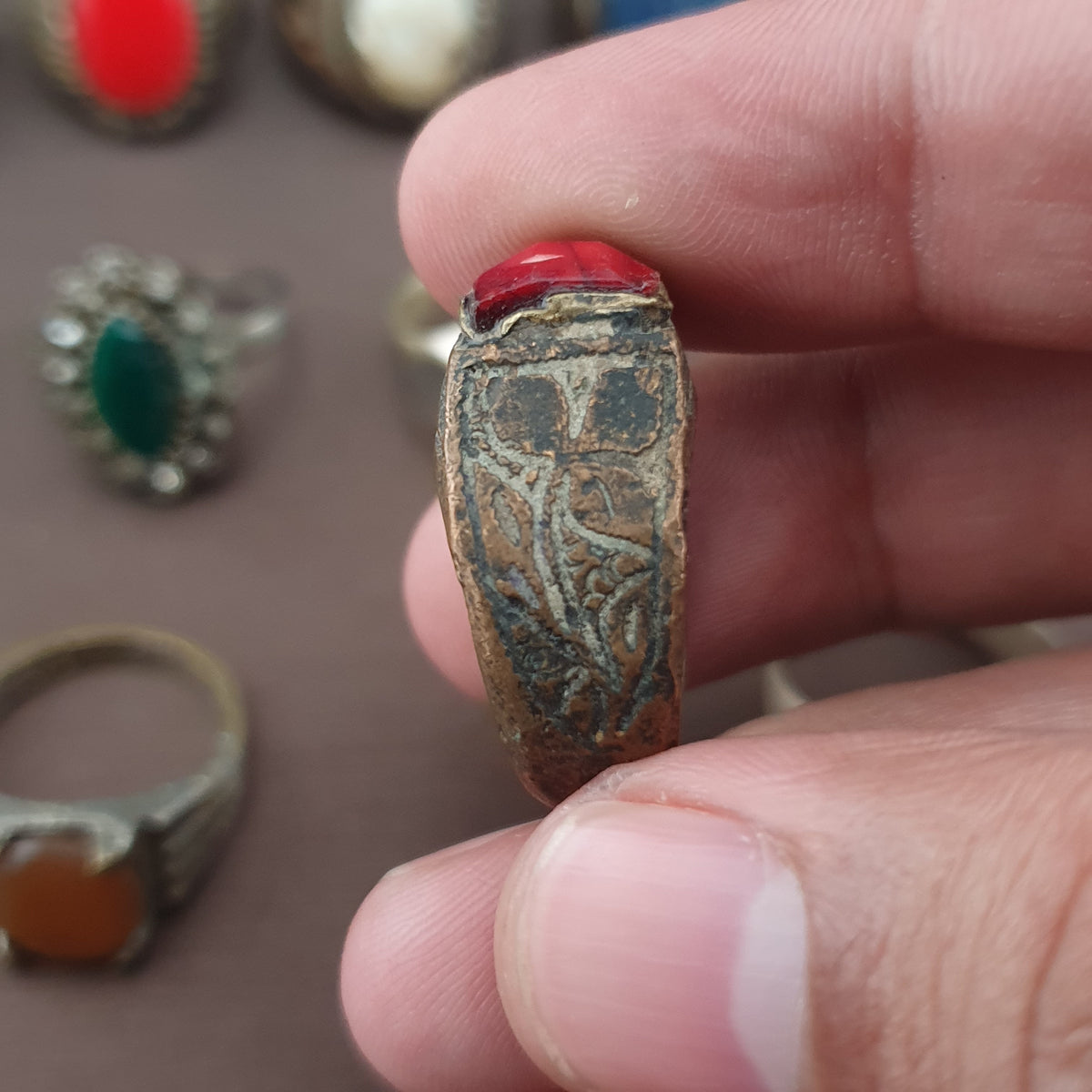 15 Antique Style Brass Rings Mixed Glass & Stone Ring Collection