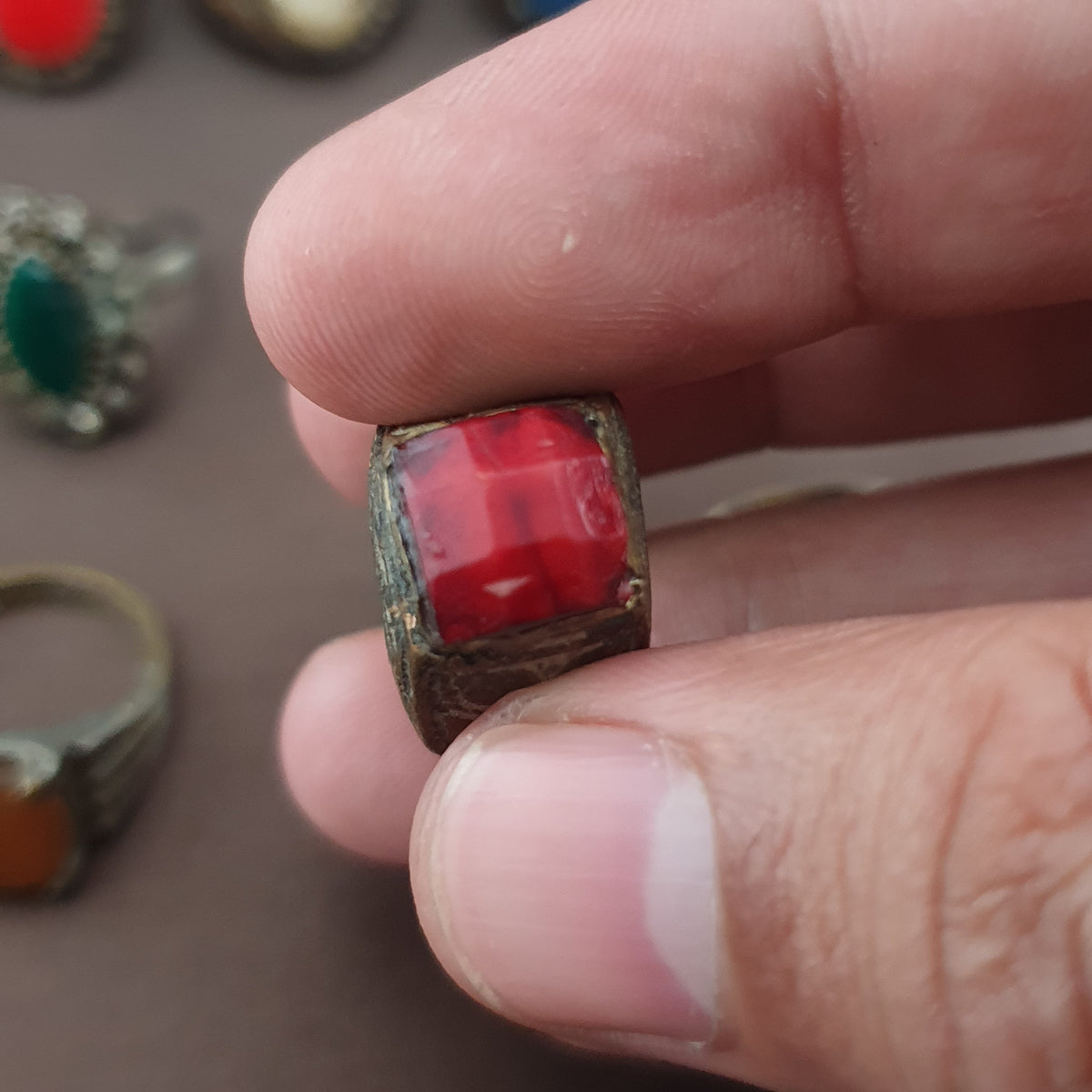 15 Antique Style Brass Rings Mixed Glass & Stone Ring Collection