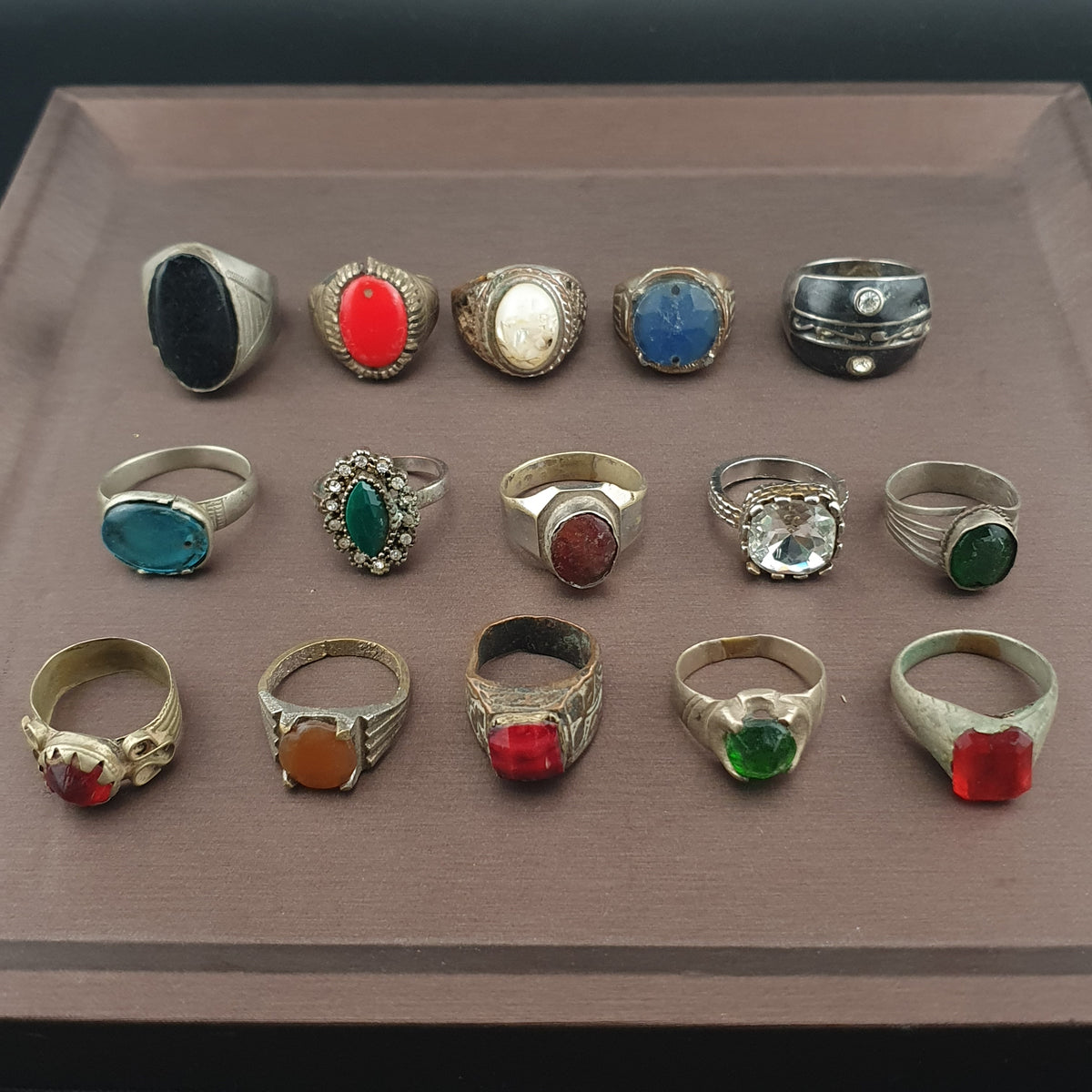 15 Antique Style Brass Rings Mixed Glass & Stone Ring Collection