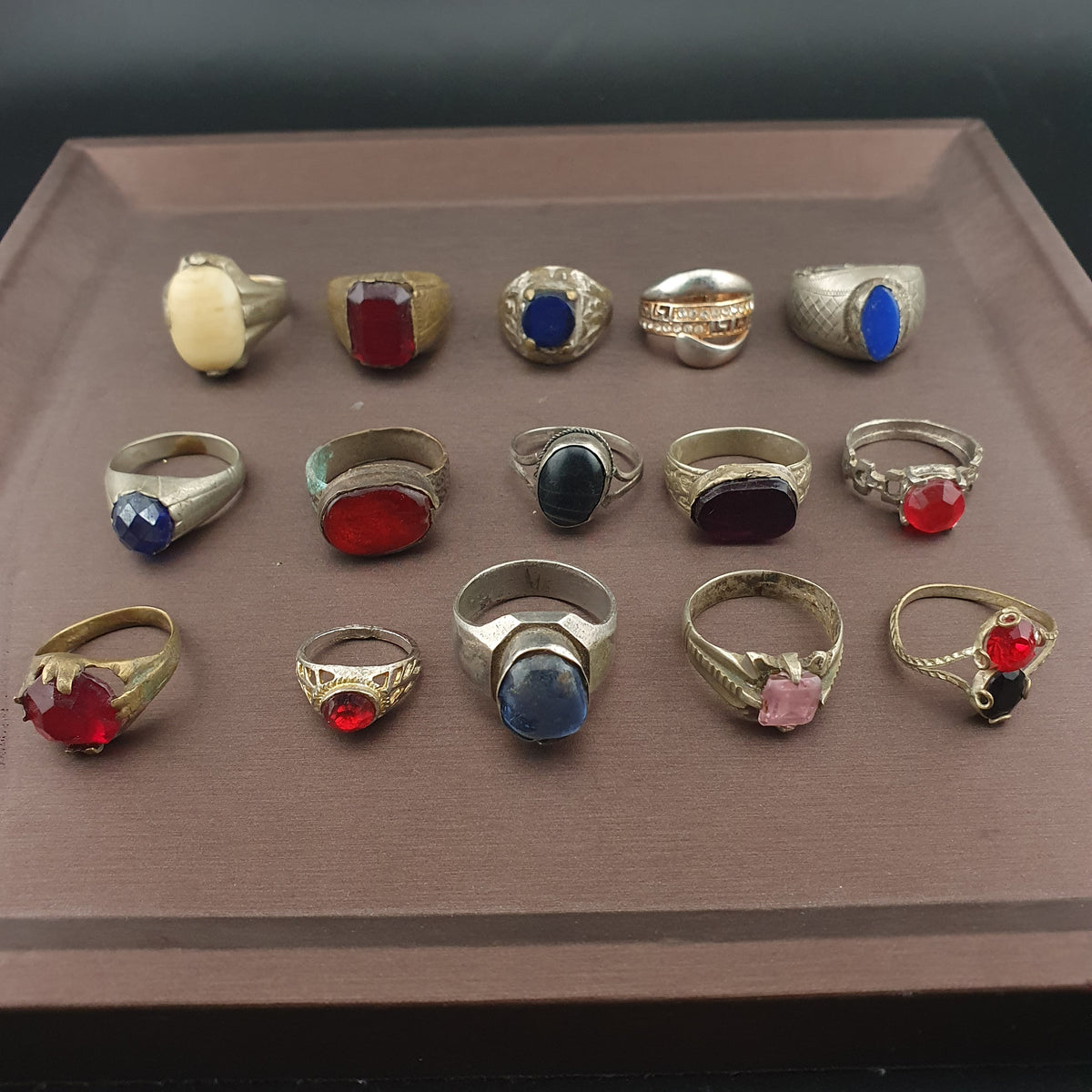 Antique Lot of 15 Handmade Brass Rings Mixed Gemstone & Glass Designs