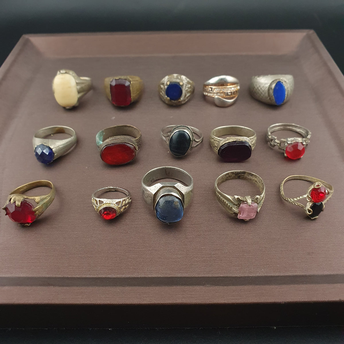 Antique Lot of 15 Handmade Brass Rings Mixed Gemstone & Glass Designs