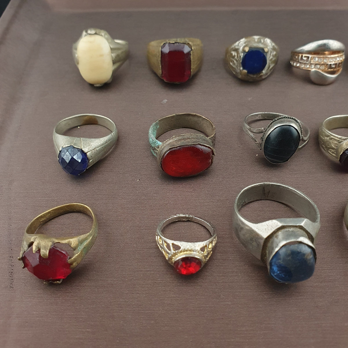 Antique Lot of 15 Handmade Brass Rings Mixed Gemstone & Glass Designs
