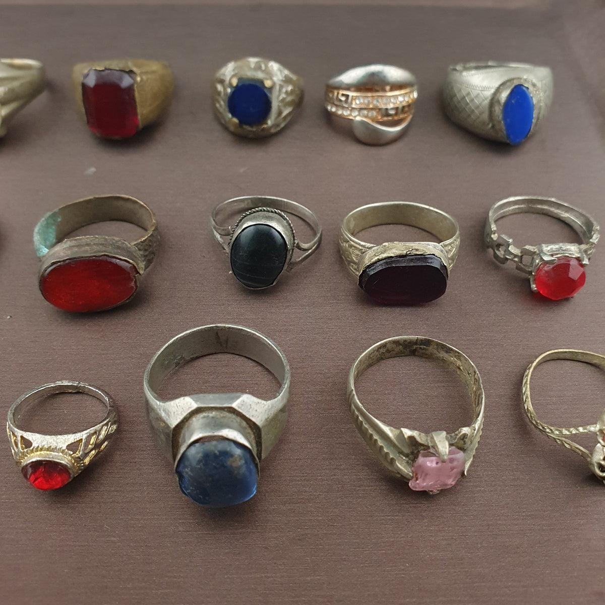 Antique Lot of 15 Handmade Brass Rings Mixed Gemstone & Glass Designs