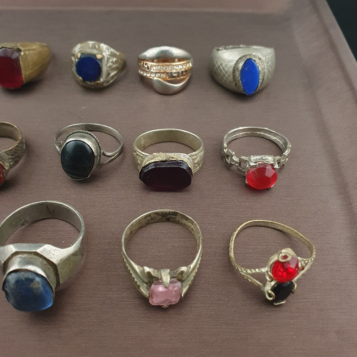 Antique Lot of 15 Handmade Brass Rings Mixed Gemstone & Glass Designs