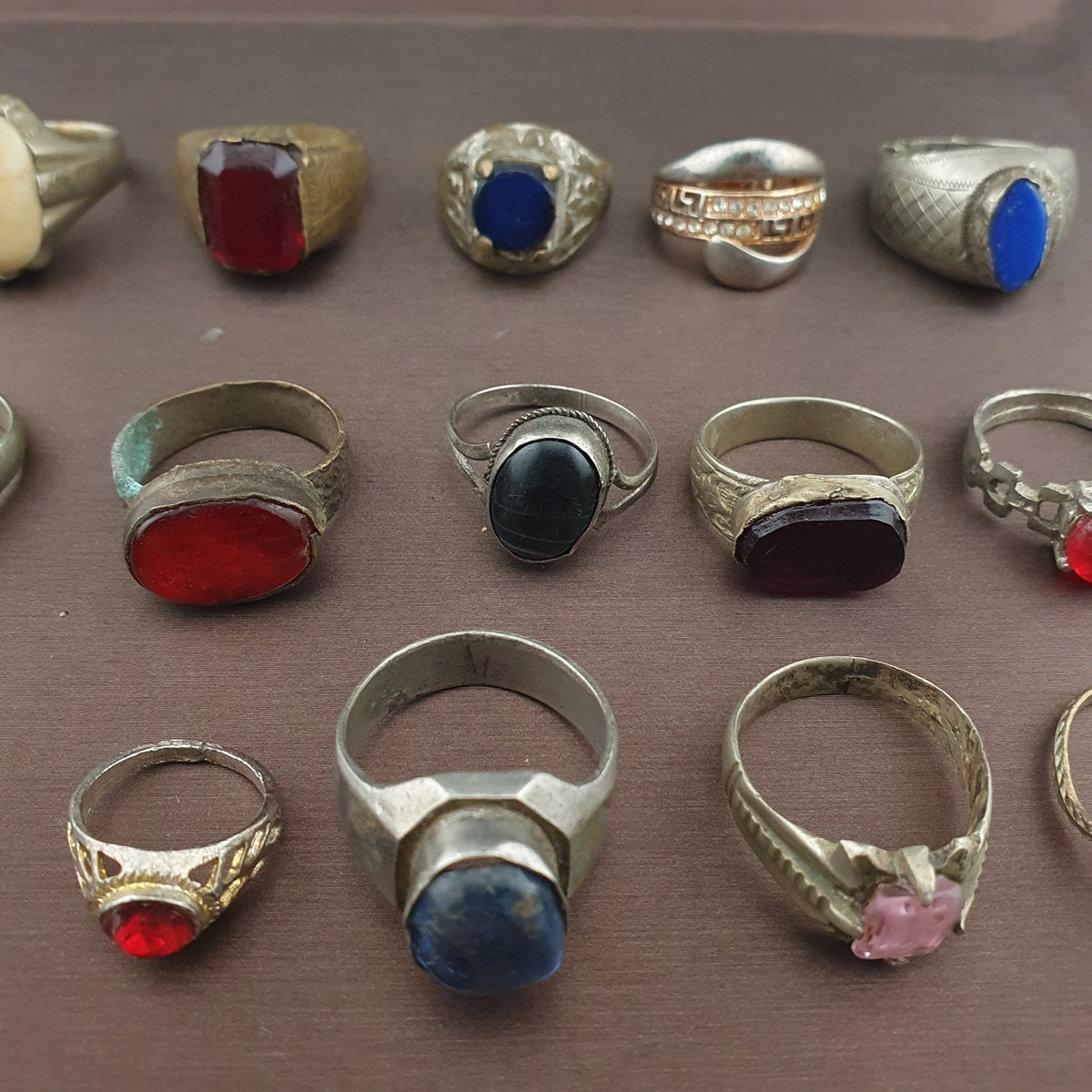 Antique Lot of 15 Handmade Brass Rings Mixed Gemstone & Glass Designs