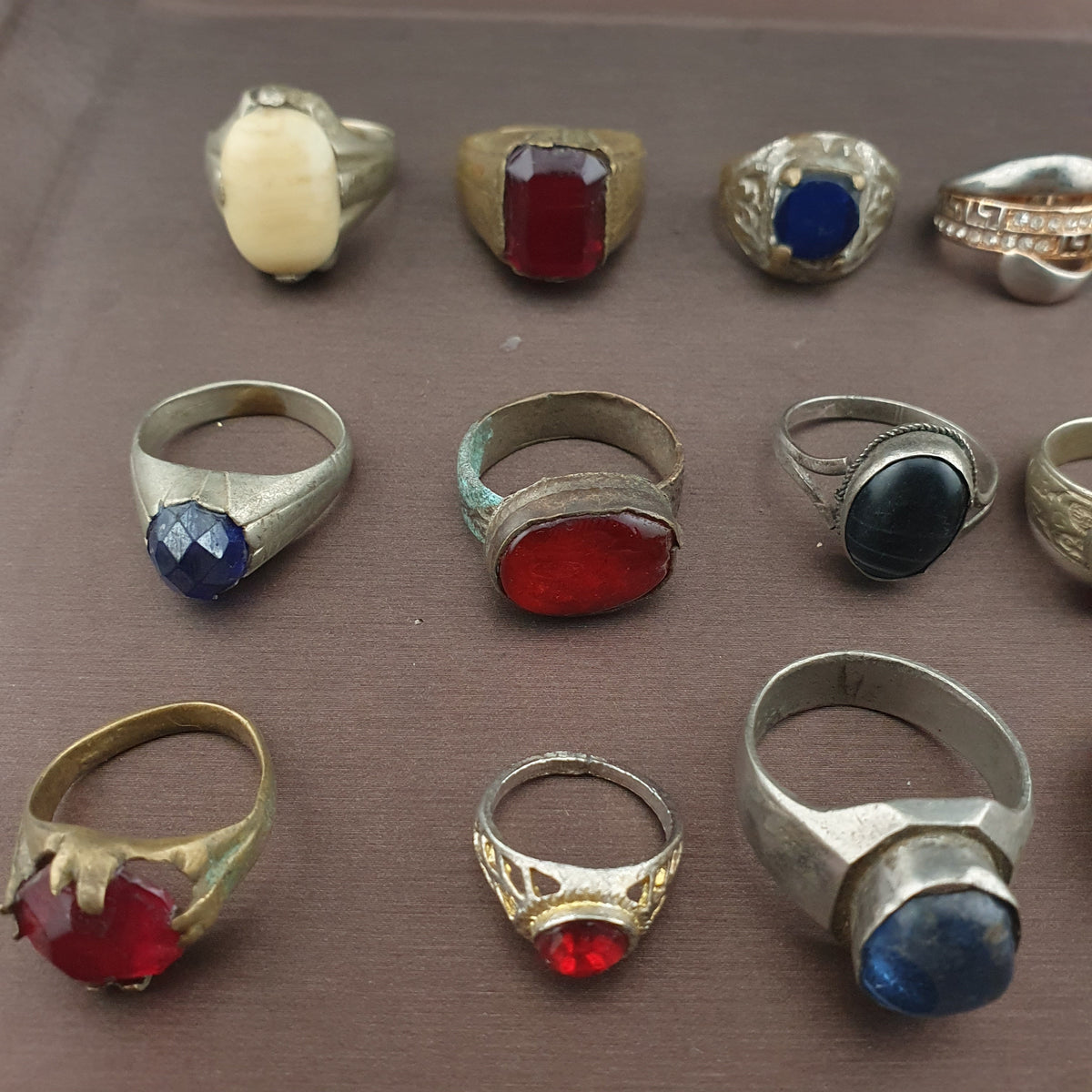 Antique Lot of 15 Handmade Brass Rings Mixed Gemstone & Glass Designs