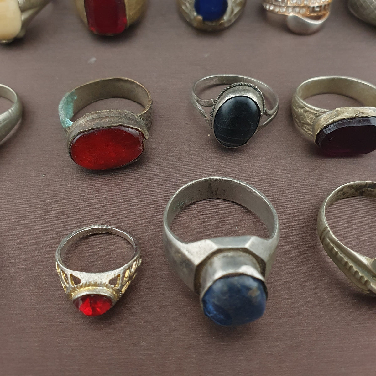 Antique Lot of 15 Handmade Brass Rings Mixed Gemstone & Glass Designs