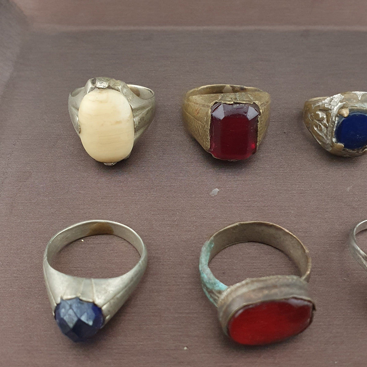 Antique Lot of 15 Handmade Brass Rings Mixed Gemstone & Glass Designs