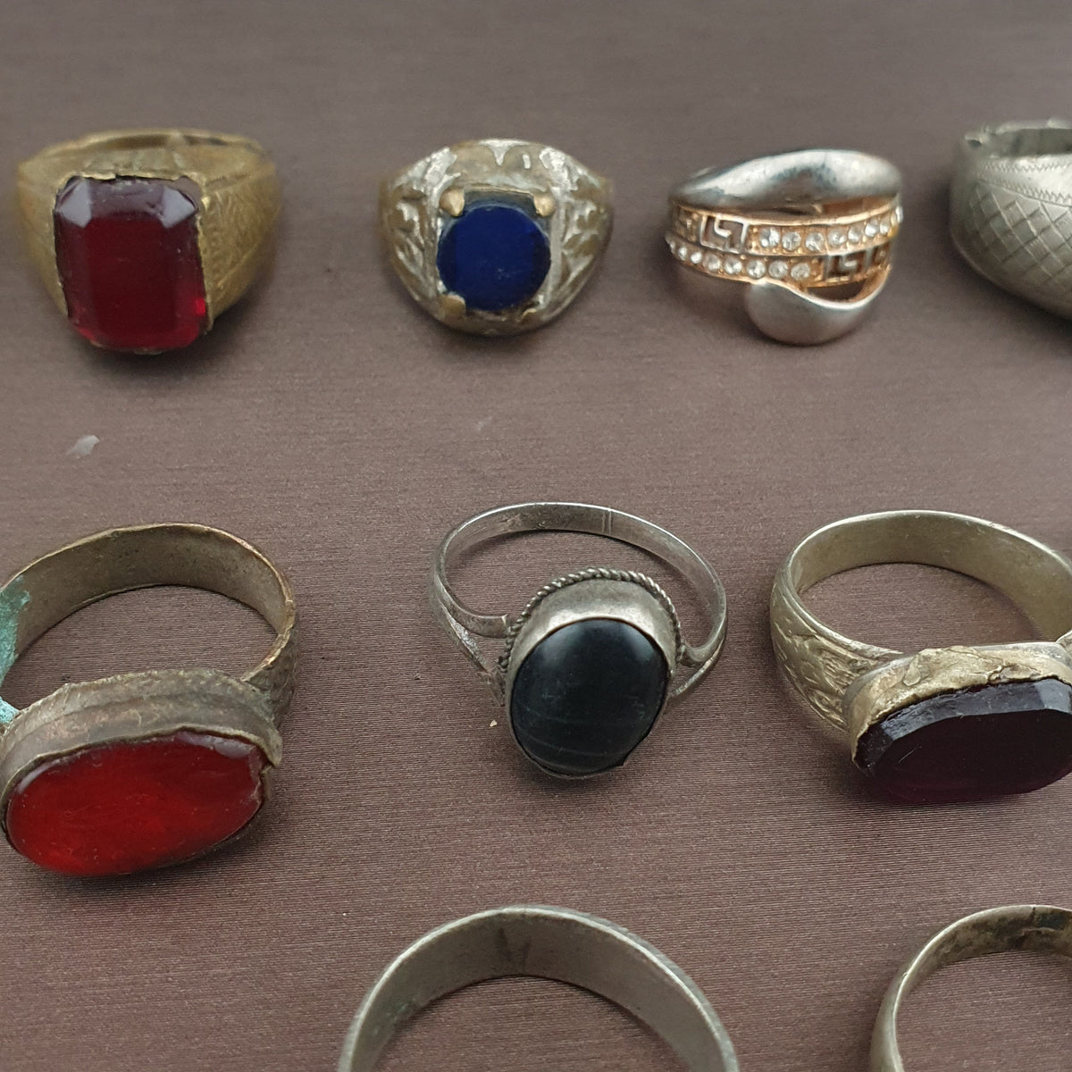 Antique Lot of 15 Handmade Brass Rings Mixed Gemstone & Glass Designs