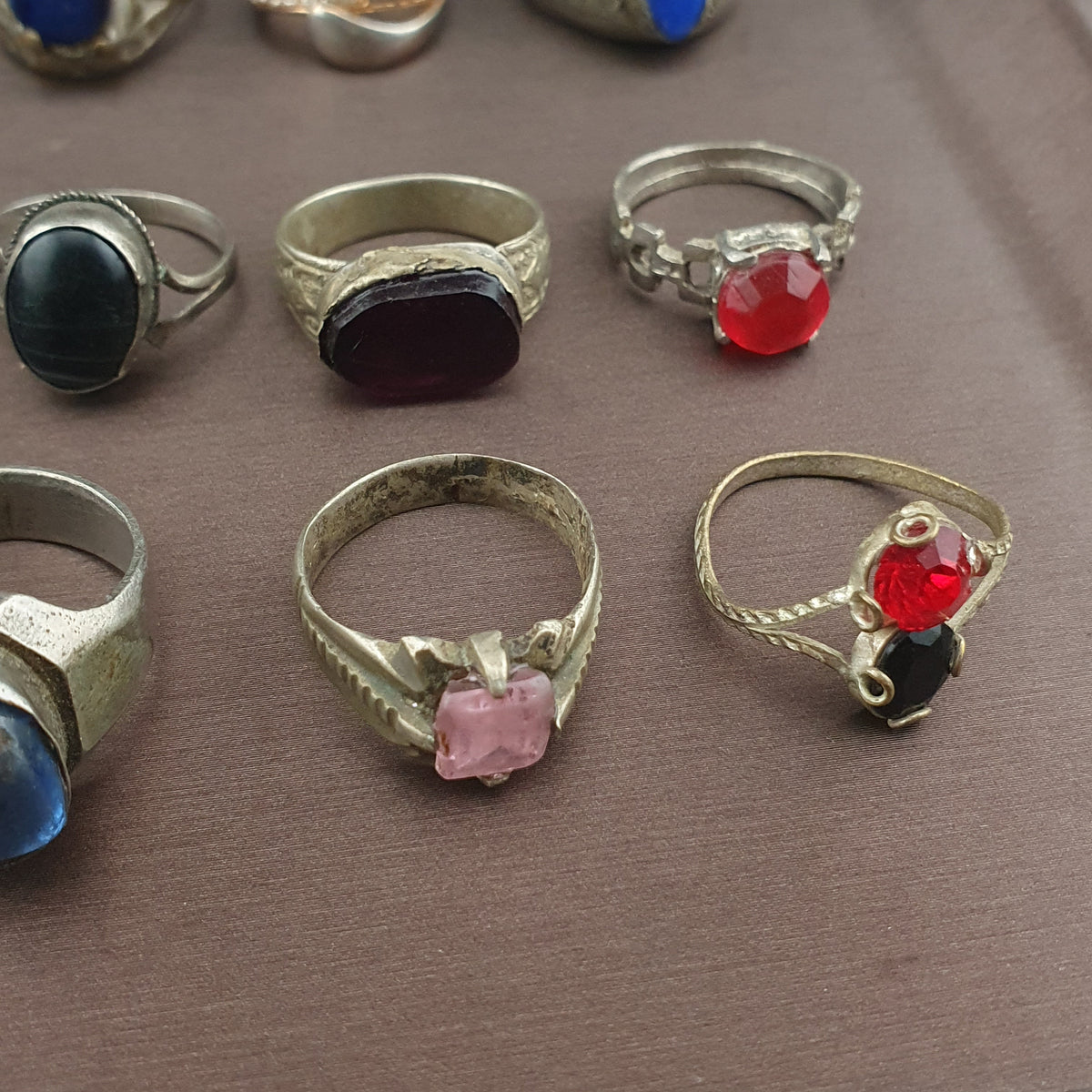 Antique Lot of 15 Handmade Brass Rings Mixed Gemstone & Glass Designs
