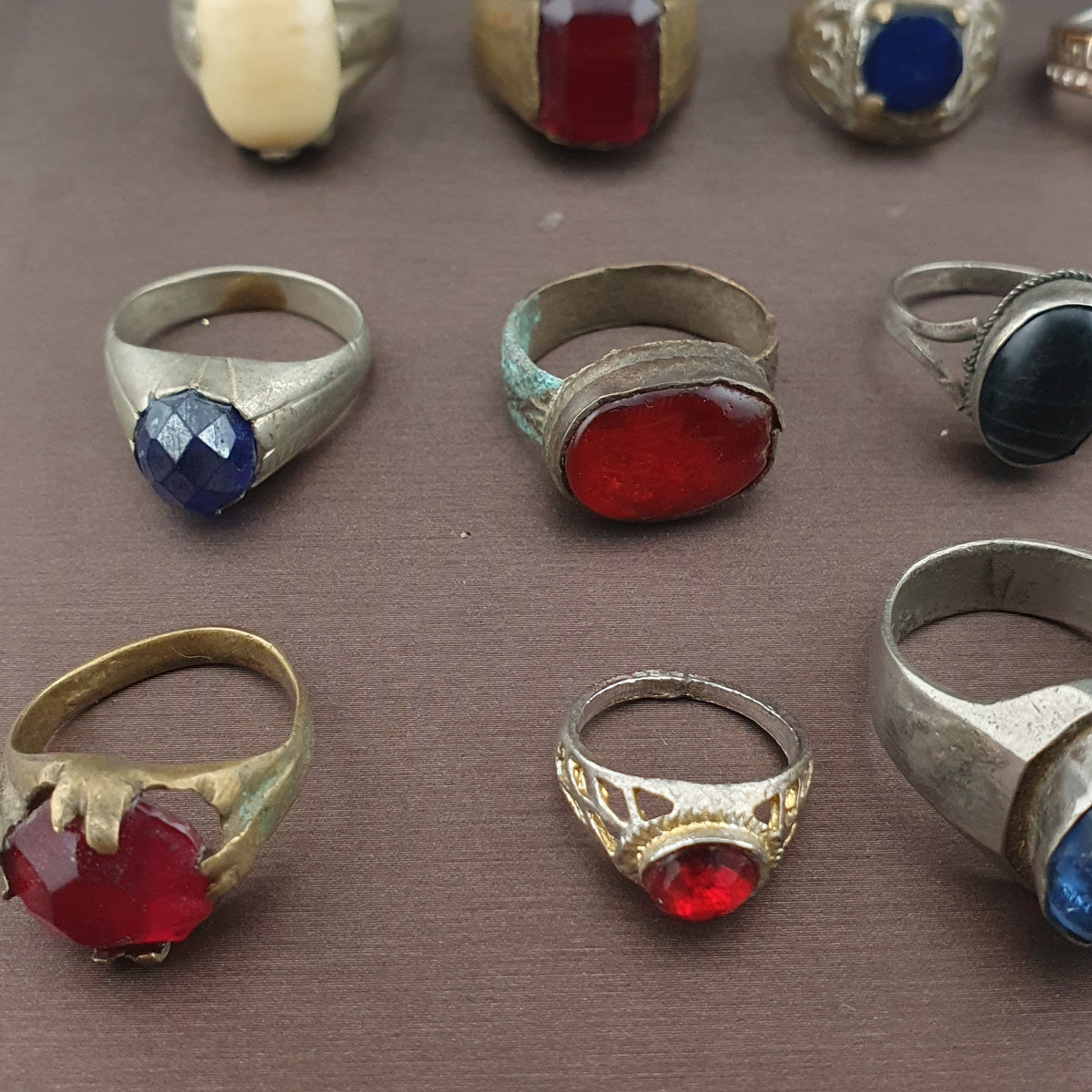 Antique Lot of 15 Handmade Brass Rings Mixed Gemstone & Glass Designs