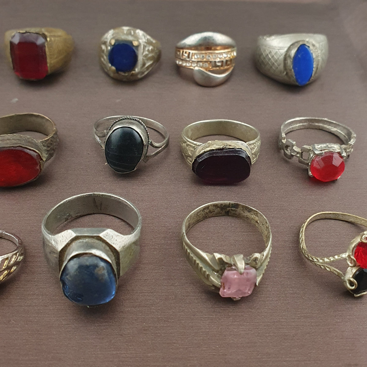 Antique Lot of 15 Handmade Brass Rings Mixed Gemstone & Glass Designs