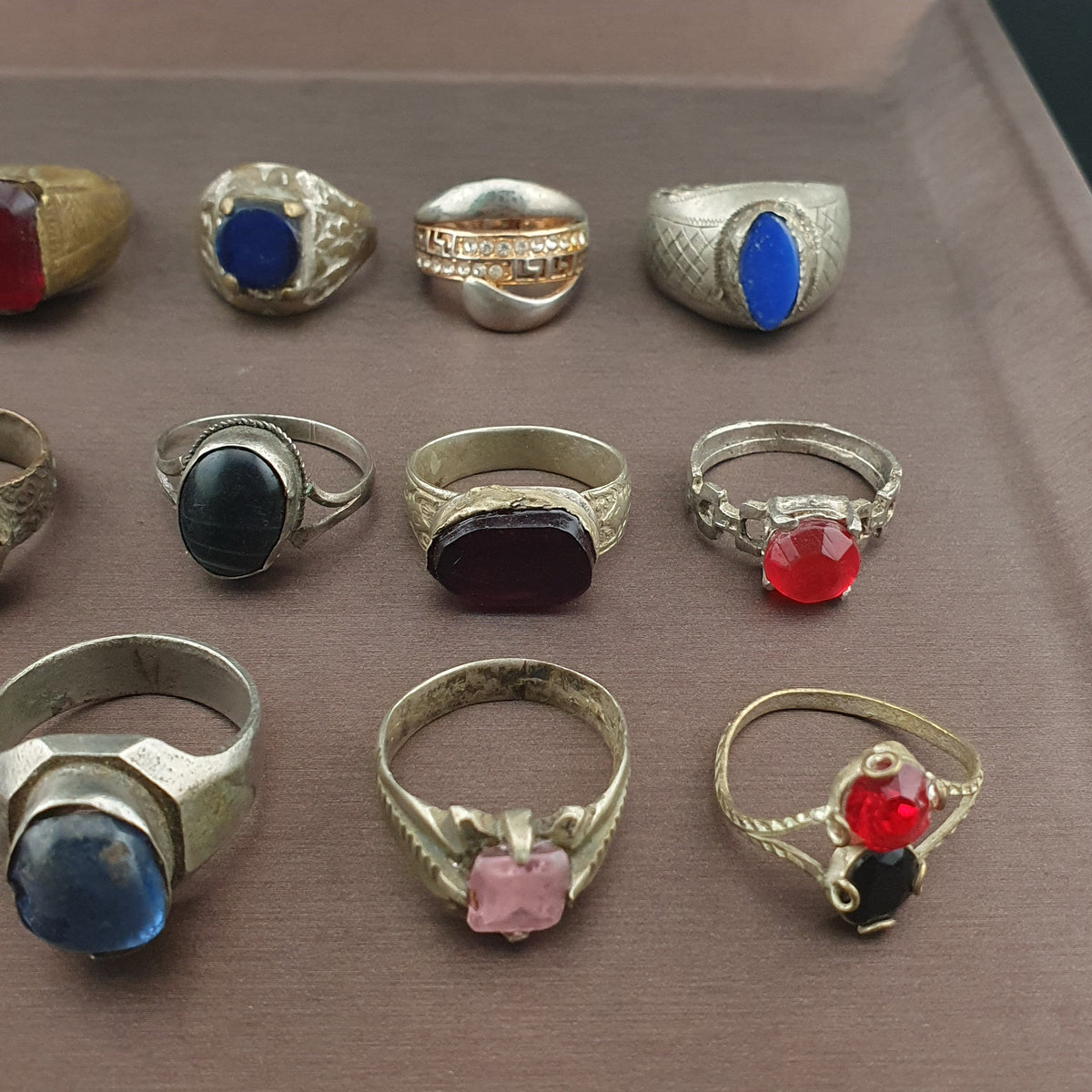 Antique Lot of 15 Handmade Brass Rings Mixed Gemstone & Glass Designs