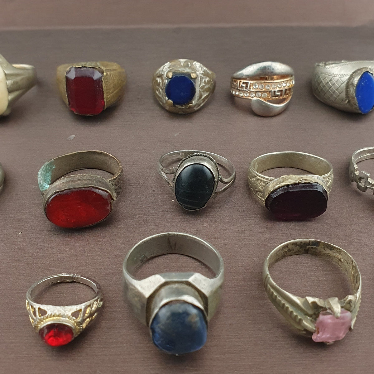 Antique Lot of 15 Handmade Brass Rings Mixed Gemstone & Glass Designs