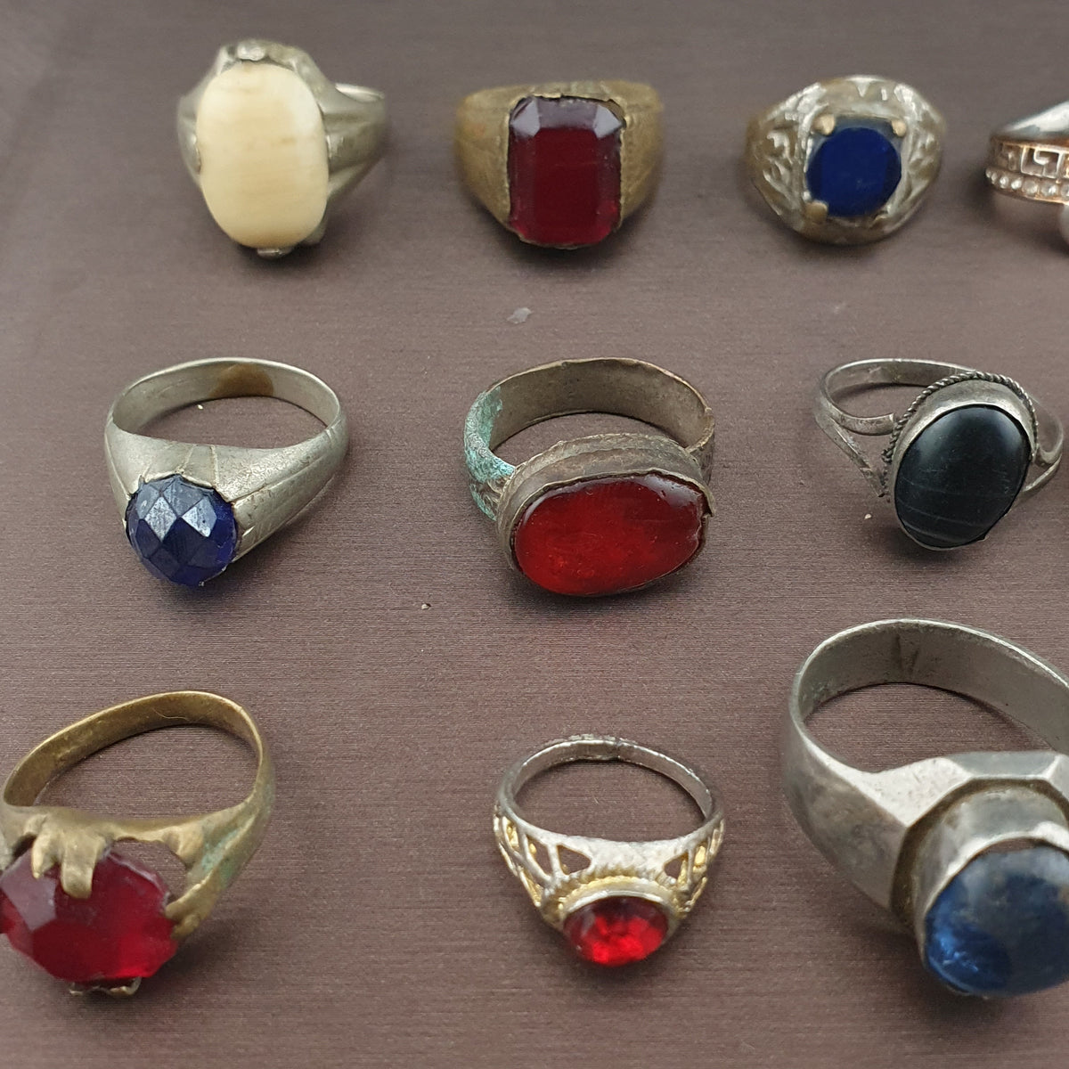 Antique Lot of 15 Handmade Brass Rings Mixed Gemstone & Glass Designs
