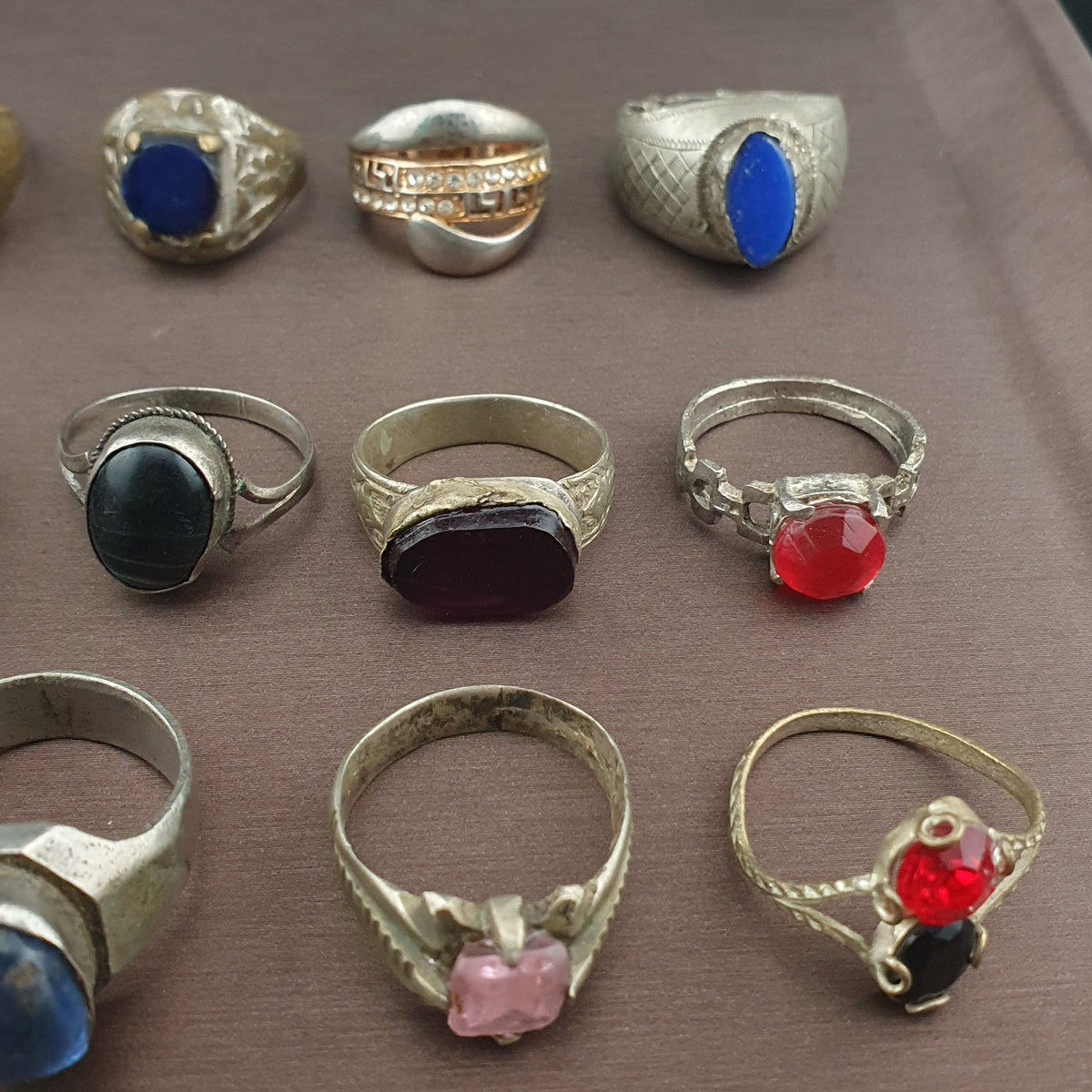 Antique Lot of 15 Handmade Brass Rings Mixed Gemstone & Glass Designs