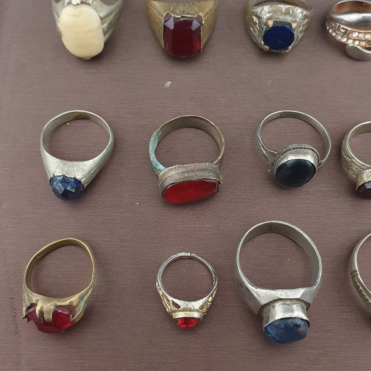 Antique Lot of 15 Handmade Brass Rings Mixed Gemstone & Glass Designs